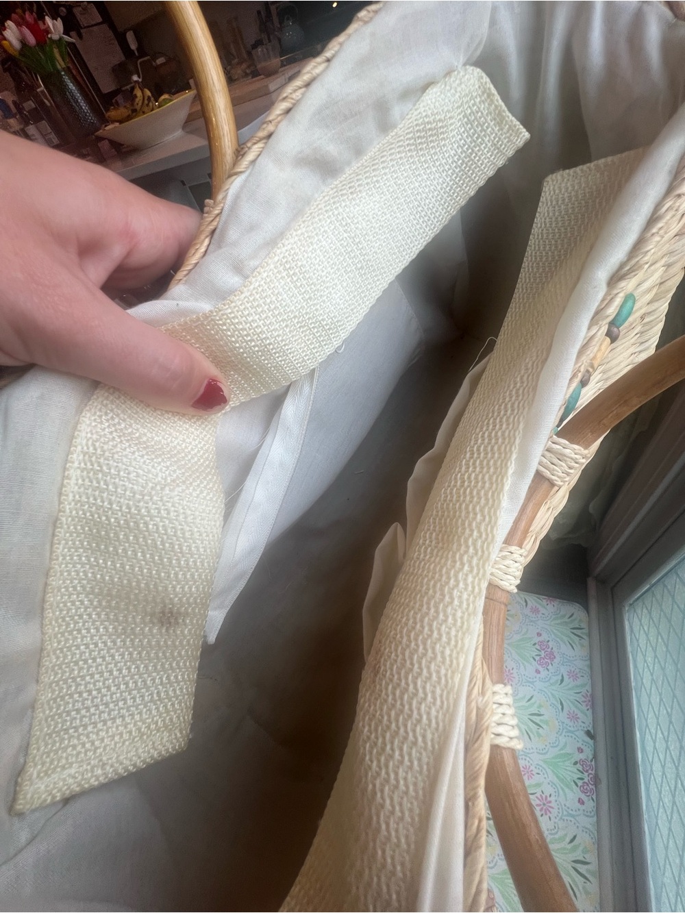 Source Unknown Natural Straw Tote with Turquoise Beads and Wooden Handles - Picture 9 of 9